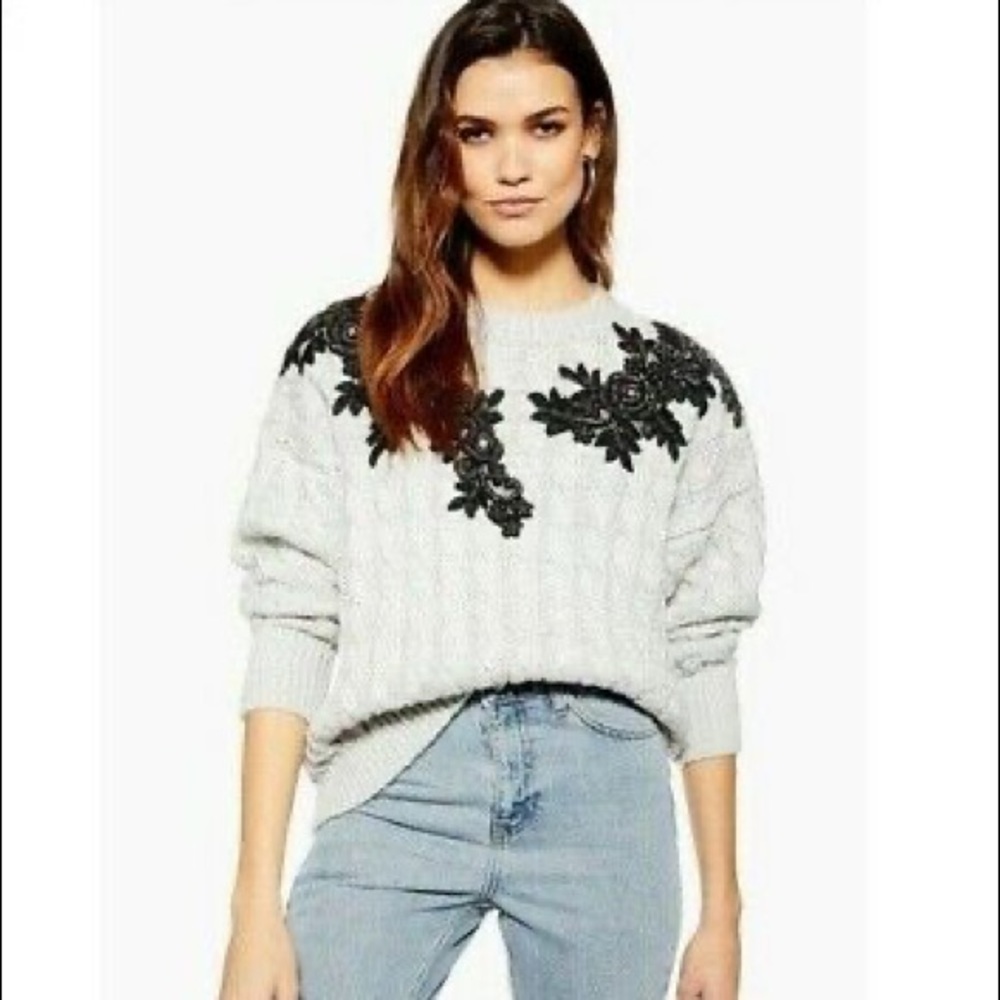 TopShop Sweater | knit,grey, flower beads detail |